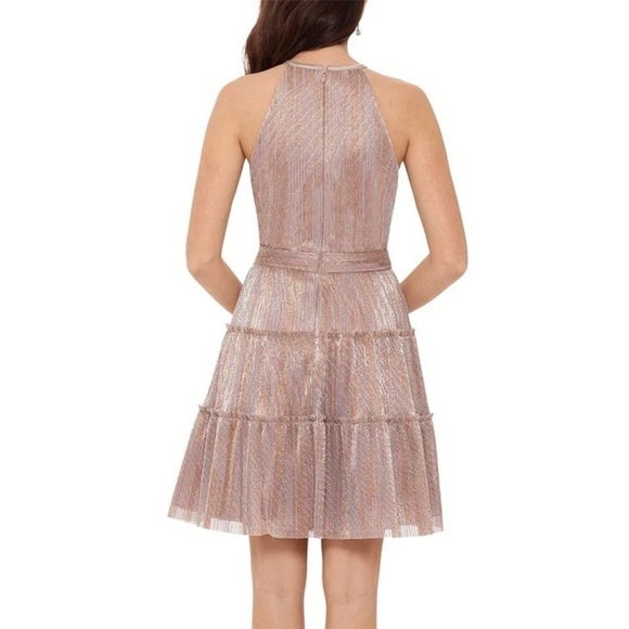 XSCAPE METALLIC Halter Neckline Fit and Flare TIERED SKIRT DRESS in Blush Size 8 - Picture 4 of 6